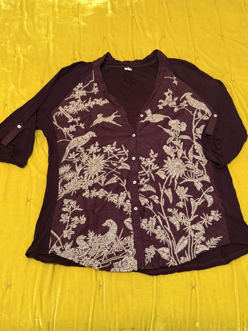 Anthropologie Plum Button-Front Embroidered Top